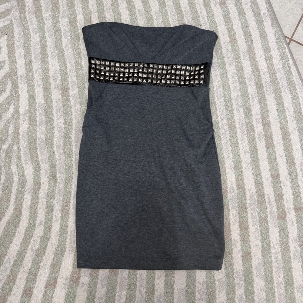 Wish Strapless Dark Gray Sheath Dress with Studded Band
